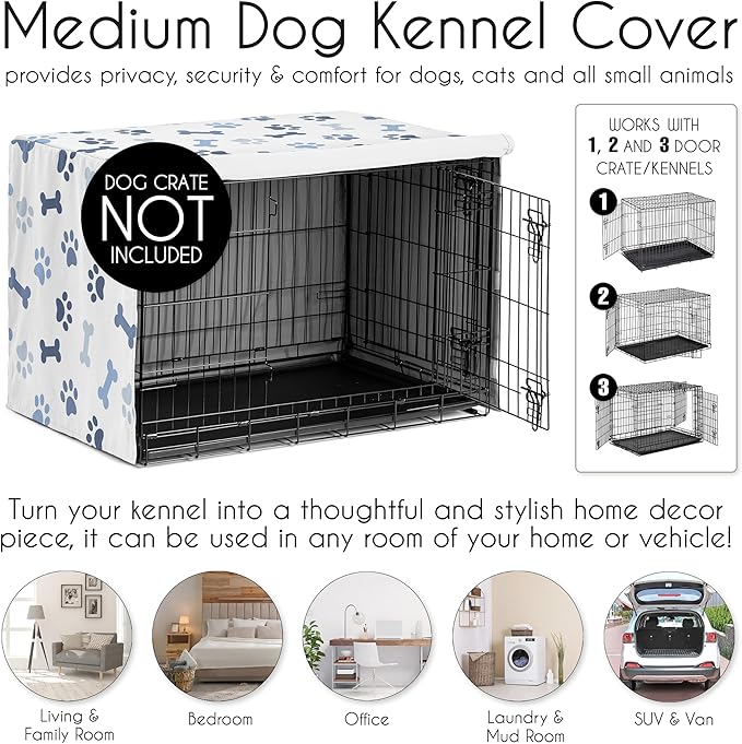 Sweet Jojo Designs Bone Paw Print Boy or Girl Gender Neutral Unisex Dog Crate Cover – Kennel Covers for 36 Inch Pet Cage Medium - Slate Navy Blue Modern Off White Gray Puppy