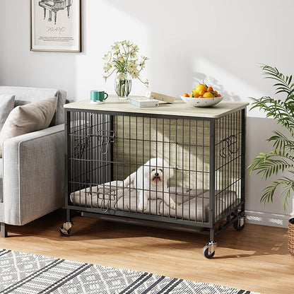 38.6" Dog Crate Furniture, Furniture-Style Dog Crate - Kennel Table with Wheels, Rustic Pet Cage for Large Breeds, Grey & Black