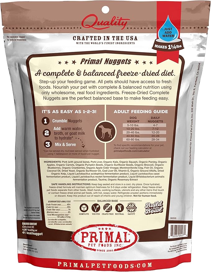 Primal Freeze Dried Raw Dog Food Nuggets, Pork, Complete & Balanced Meal, Also Use as Topper or Treat, Premium, Healthy, Grain Free, High Protein Raw Dog Food, 5.5 oz