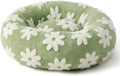 Lesure Donut Small Dog Bed - Round Cat Beds for Indoor Cats Calming Pet Beds, Cute Modern Beds with Jacquard Shaggy Plush & Anti Slip Bottom, 23 Inch, Green