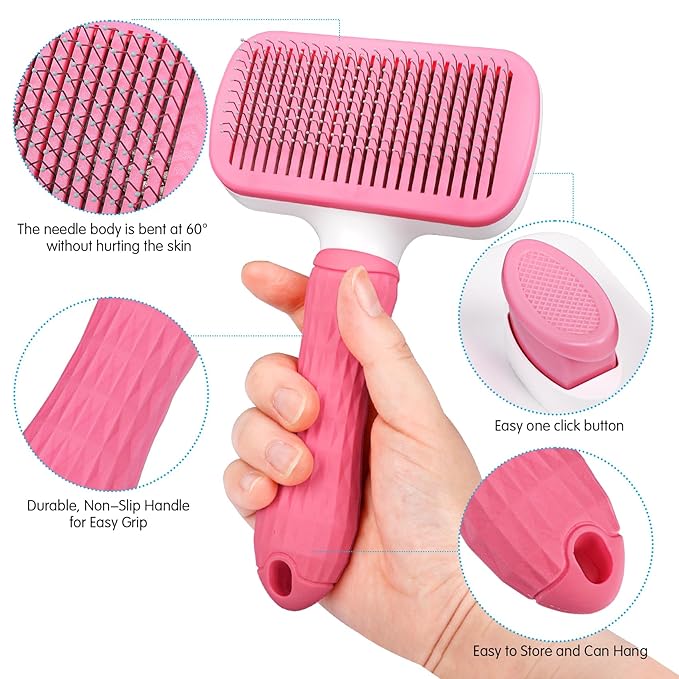 Self Cleaning Slicker Brush for Pets, Massaging & Grooming, Removes Loose Undercoat & Portable Comb for Long Short Haired Dogs & Cats (Pink)