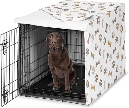 Sweet Jojo Designs 42in. Medium/Large Dog Crate Cover (Bones and Paw Prints) Pet Cage, Kennel Covers (Modern, Cartoon, Doggy, Puppy, Neutral, Paws Print, Whimsical, Brown, Tan, Grey, Taupe and White)