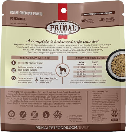 Primal Freeze Dried Dog Food Pronto, Pork; Scoop & Serve, Complete & Balanced Meal; Also Use As Topper or Treat; Premium, Healthy, Grain Free, High Protein Raw Dog Food (16 oz, 2-Pack)