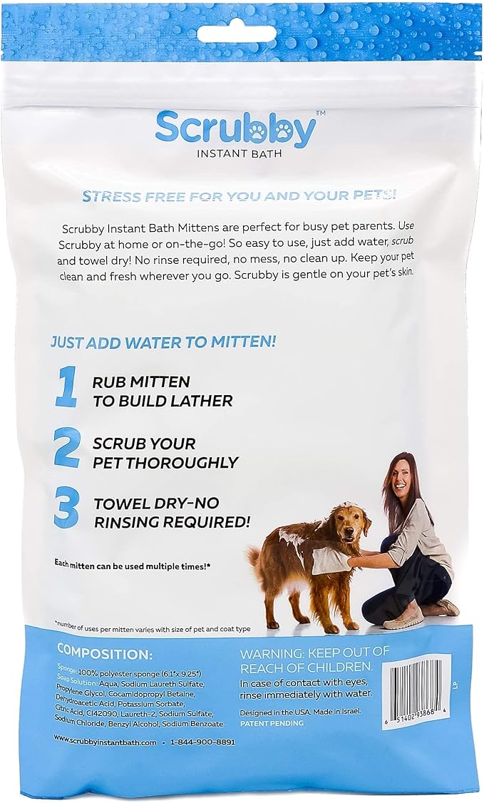 No Rinse Pet Wipes, Rinse Free Shampoo Mittens for Dogs and Cats, Bath Wipes for Bathing and Washing Pets, Hypoallergenic No Rinse Wash Mitt for Grooming, Lather Wipe Dry - 10 Pack