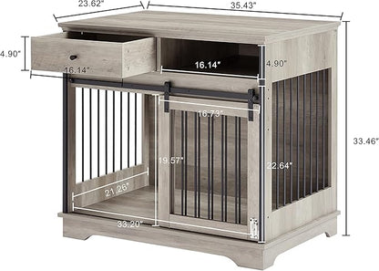 Dog Crate Furniture, Dog Crate Table with Sliding Barn Door, 35" Dog Kennel Furniture Heavy Duty Wood Crates for Small/Medium/Large Dogs Kennel Indoor Grey One Size