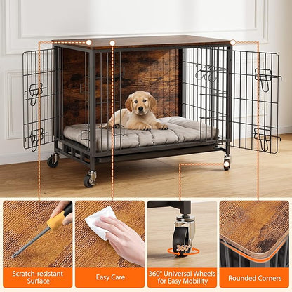 Dog Crate Furniture, 32.5" Double-Door Dog House with Removable Wheels, Heavy-Duty Wooden Kennel & Pull-Out Tray, Rustic Brown Side Table for Medium Dogs, Brown