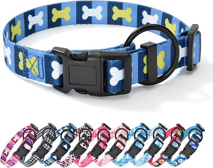 Mile High Life Dog Collar | Nylon Puppy Collars w Cute Patterns | Lightweight Girl Dog Collar | Boy Dog Collar for Small/Medium/Large Dogs (Blue Bone, Large)