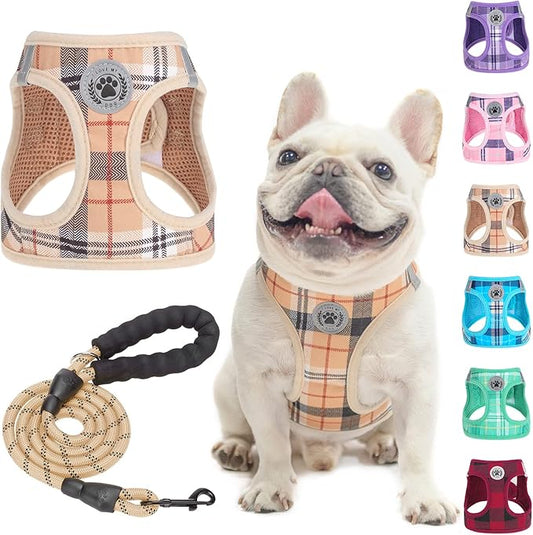 BEAUTYZOO Small Dog Harness and Leash Set,Step in No Chock No Pull Soft Mesh Dog Harnesses Reflective for Extra-Small/Small Medium Puppy Dogs and Cats, Plaid Dog Vest Harness for XS S Pets, Beige XL