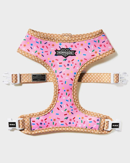 Ruffhaus NYC Pink Sprinkles Reversible Dog Harness, Ice Cream Waffle Cone, Banana Split Printed No Pull Harness Puppy Gift Girl Dog Birthday & Gotcha Day Medium