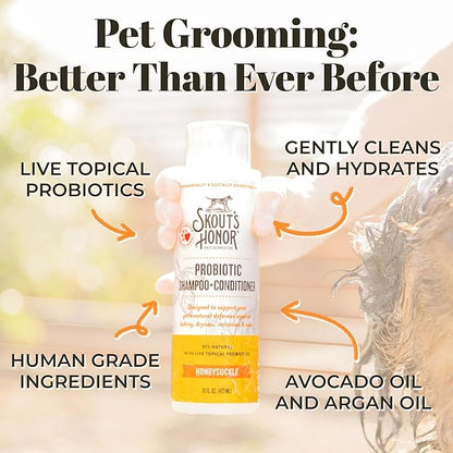 Skout's Honor Probiotic Pet Shampoo & Conditioner with Avocado Oil & Omega-3s, 97% Natural, Paraben & Sulfate-Free, Cruelty-Free, 16oz, Honeysuckle