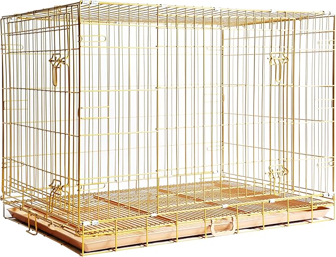 HOMEY PET Copper Gold Dog Crate 42 Inch, Portable Folding Metal Wire Dog Kennel Pet Dog Cage with Removable Floor Grid, Pull-Out Tray, Double Doors, Handle for Large Dogs, Indoor Outdoor