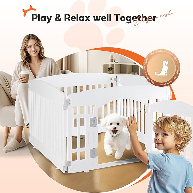 HealSmart 4 Panel 24" Plastic Dog Playpen, Folding & Portable Pet Playpen for Indoor & Outdoor Use, Safe & Secure Fence, Ideal for Small to Medium Dogs, White