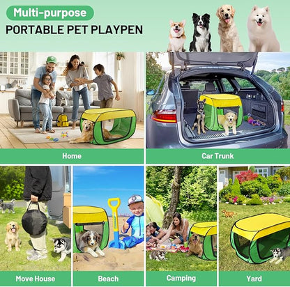 Travel Dog Crate Portable Dog Kennel for Small Dogs Pop Up Soft Dog Enclosure Indoor Outdoor for Medium Dogs Pets Foldable Crate（Green and Yellow-Medium）