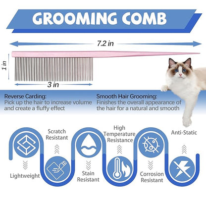 Grooming Pet Comb Rat Tail Dematting Cat and Dog Comb，Rounded Ends Design for Safe Tangle Removal, Hairstyling, Massage，Loose Hair Removal，Prevent Irritation，Fluffing Paws,Face,Tail,Remove Tear Stain
