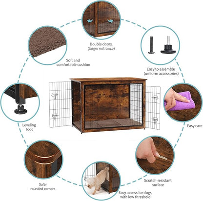 DWANTON Dog Crate Furniture with Cushion, Wooden Kennel Table with Double Doors, Indoor Dog House, Extra Large Size, 43.3" L, Rustic Brown