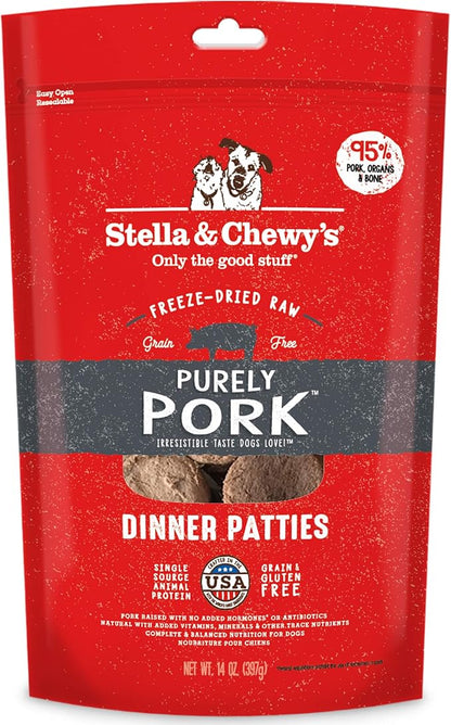 Stella & Chewy's Freeze Dried Raw Dinner Patties – Grain Free Dog Food, Protein Rich Purely Pork Recipe – 14 oz Bag (Packaging may vary)