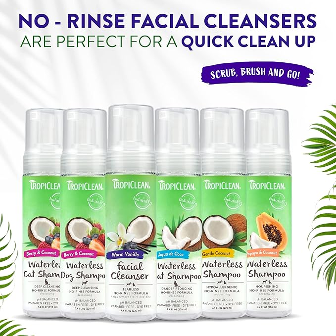 TropiClean Warm Vanilla Waterless Facial Cleanser for Dogs | Dog Foam Face Wash | Dog Face Wash Derived from Natural Ingredients | Cat Friendly | Made in the USA | 7.4 oz.