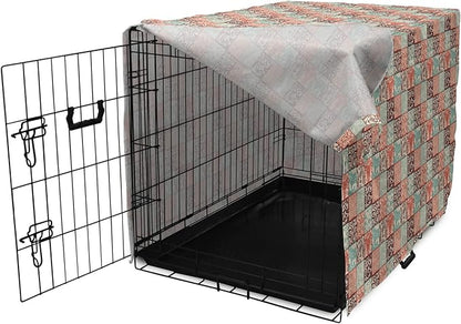 Lunarable Geometric Dog Crate Cover, Western Style Floral Motifs with Vintage Look in Checks, Easy to Use Pet Kennel Cover for Medium Large Dogs, 48 Inch, Brown Vermilion