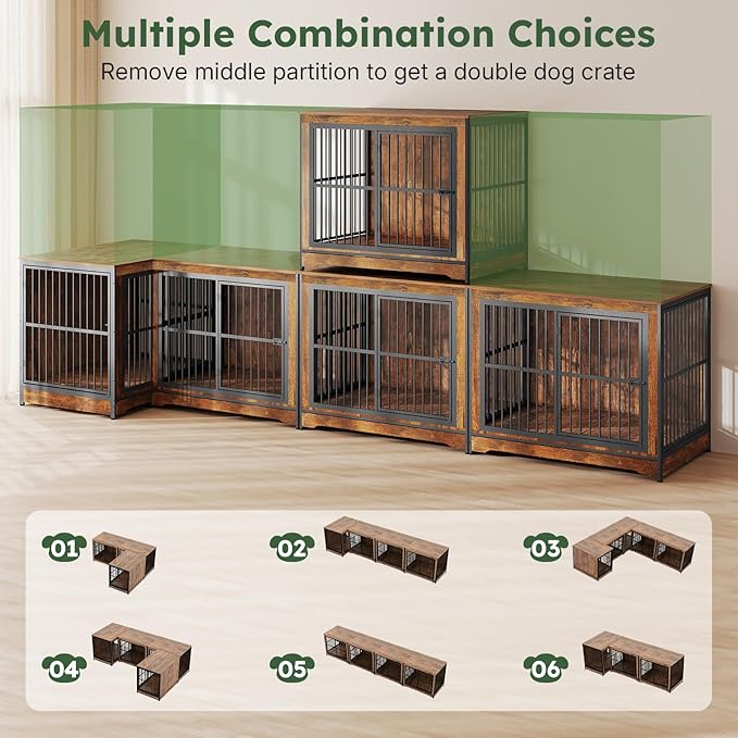 Extra Large Dog Crate 43 Inch, Large Dog Kennel Indoor with 3 Doors, Wooden Dog Crates End Table, Heavy Duty Dog Cage Furniture for Large Medium Dogs