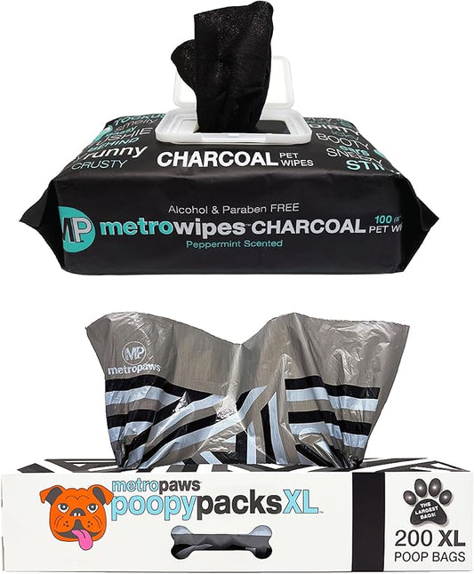MetroPaws Peppermint Dog Wipes, 100 Extra Large, Thick Cleaning Wipes & Waste Packs XL - 200 Extra Large Dog Bags, Leakproof, Durable Pet Waste Bags for Easy Cleanup [BLACK]