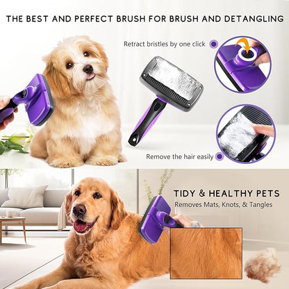Dog Brush Kit – 4-in-1 Grooming Set with Self-Cleaning Slicker Brush & Undercoat Rake for Small, Medium & Large Long-Haired Dogs, Cats & Pets, Reduces Shedding, Tangles & Mats, Easy to Use