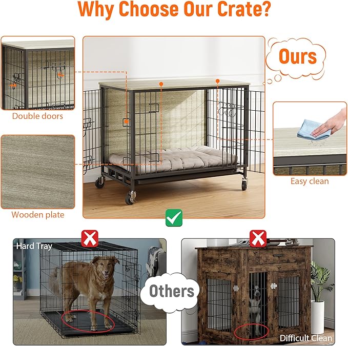 Dog Crate Furniture, 38.6" Modern Double-Door Dog House with Pull-Out Tray, Heavy-Duty Wooden Kennel & Removable Wheels, Side Table for Large Dog Sizes, Rustic Gray