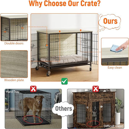 Dog Crate Furniture, 27.2" Double-Door Dog House with Removable Wheels, Heavy-Duty Wooden Kennel & Pull-Out Tray, Rustic Brown Side Table for Small Dogs, Grey