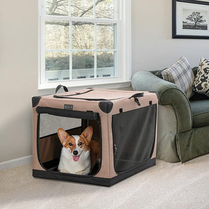 PETSFIT Portable Dog Crate, with Patented Adjustable Fabric Cover, Chewproof & Lockable Mesh Doors, Waterproof Base Collapsible Kennel Khaki 30 Inch