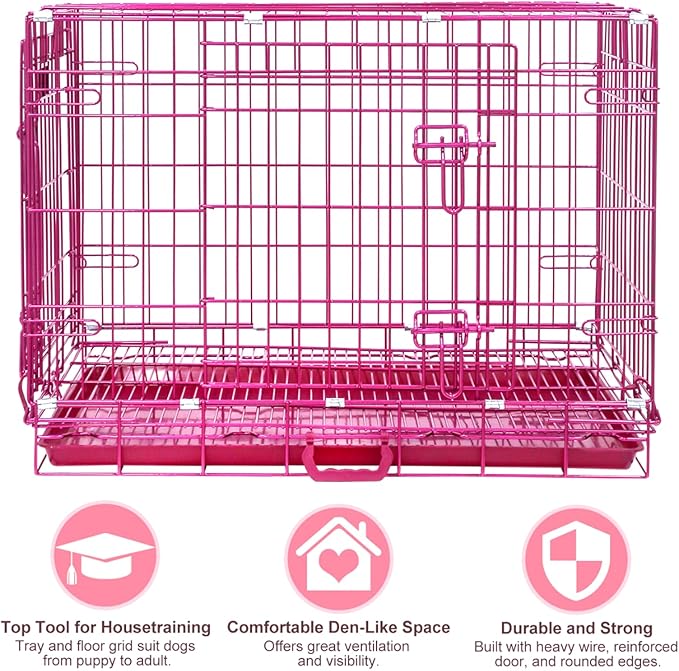 HOMEY PET 30 Inch Pink Dog Crate, Cute Cage Medium Sized Dog Collapsible Small Dog Kennel Indoor Nano-Coated Metal Wire Dog Crate with Removable Floor Grid Tray, Double Doors Dual Locks, Handle