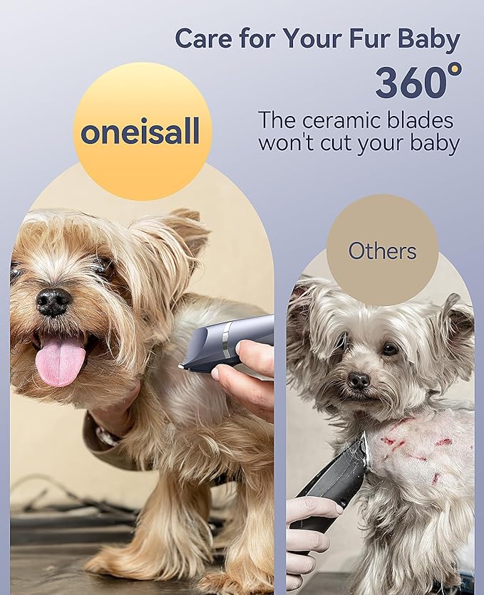 oneisall Dog Clippers Grooming Kit 4 in 1, Low Noise Dog's Paw Trimmer&Nail Grinder,IPX7 Waterproof Cordless Puppy Trimmer Shaver for Small Pets
