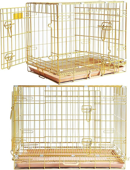 Homey Pet Dog Cage for Small Dogs, Gold Medium Dog Crate, Collapsible Dog Kennel Indoor, Nano-Coated Metal Wire Dog Crate with Removable Floor Grid Tray, Double Doors Dual Locks, GOLD24+GOLD30 Bundle