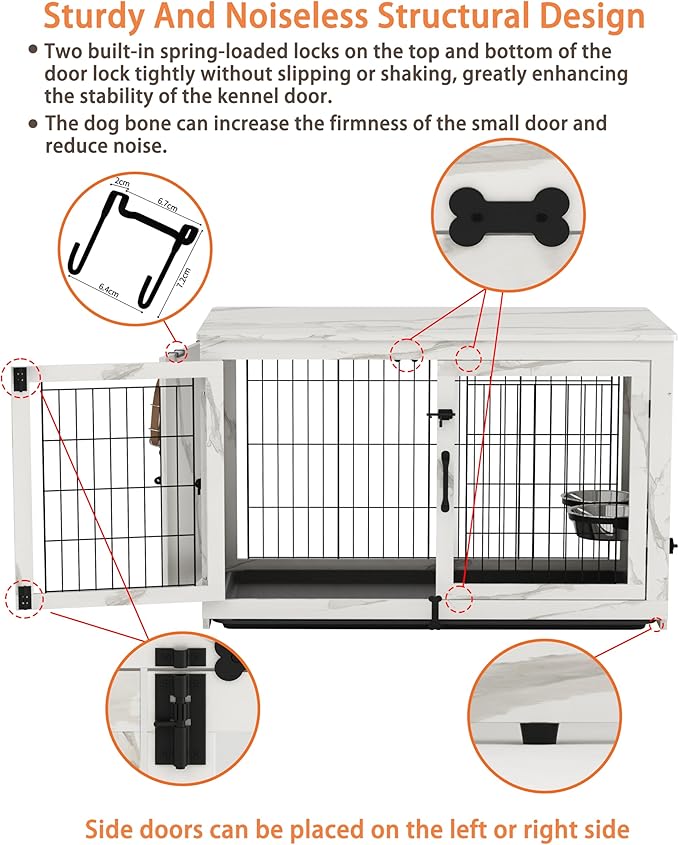 Piskyet Wooden Dog Crate Furniture with 360°Rotatable Removable Dog Bowls, Dog Crate End Table with Tray, Double Doors Dog Kennels for Dogs(M:31.8" L*22.1" W*24.1" H,Marble White)
