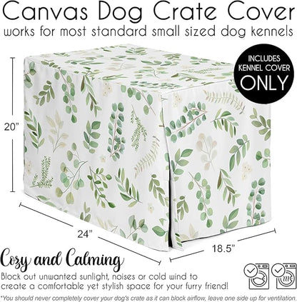Sweet Jojo Designs Green Boho Floral Leaf Dog Crate Cover – Kennel Covers for 24 Inch Pet Cage Small - Neutral Sage White Bohemian Watercolor Botanical Flower Woodland Tropical Garden Nature