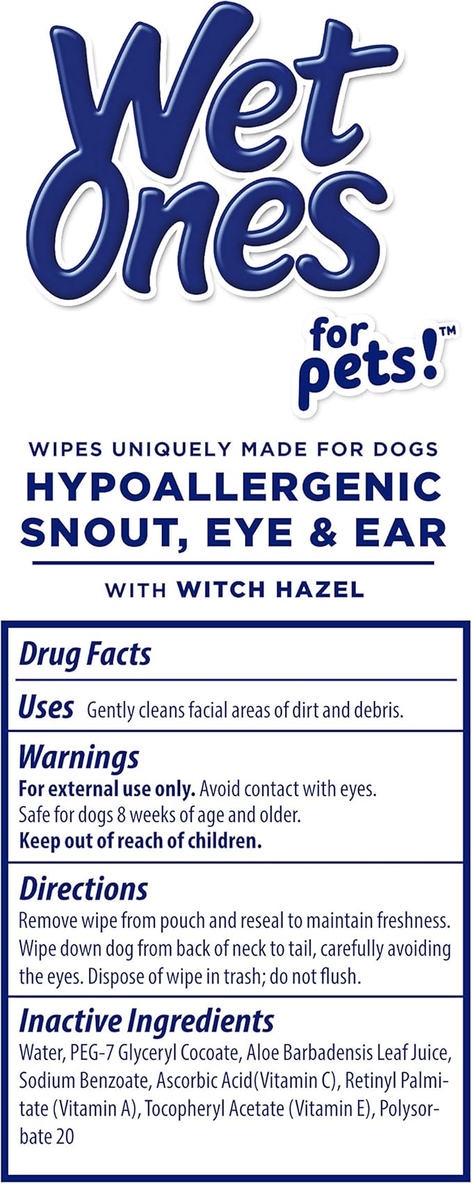 Wet Ones for Pets Extra Gentle Hypoallergenic Dog Wipes with Witch Hazel for Snout, Eye, Ear | Fragrance-Free for All Dogs with Wet Lock Seal | 30 Ct Pouch