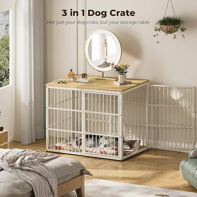 48'' XXL Dog Crate Furniture with 3 Doors,Wooden Crate End Table Heavy Duty Indoor Combination Cage for Medium to Large Dogs, Multiple Units Can be Combined, Natural Beech