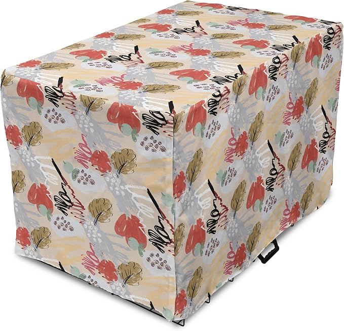 Lunarable Berries Dog Crate Cover, Random Doodle Art of Paintbrush Strokes Colorful Woodland Items Scribbles, Easy to Use Pet Kennel Cover for Medium Large Dogs, 42 Inch, Beige Multicolor