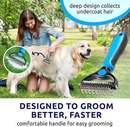 Pet Dog and Cat Deshedding Brush Grooming Tool Fur Removal - Double Sided Undercoat Rake Shedding Comb Mat Remover Deshedder Safe Detangler for Matted Hair/Fur, Blue