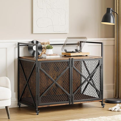 41 Inch Dog Crate Furniture, Heavy Duty Decorative Dog Cage with Lockable 360° Wheels, Double Door Dog Kennel End Table for for Small Medium Large Dog, Rustic Brown