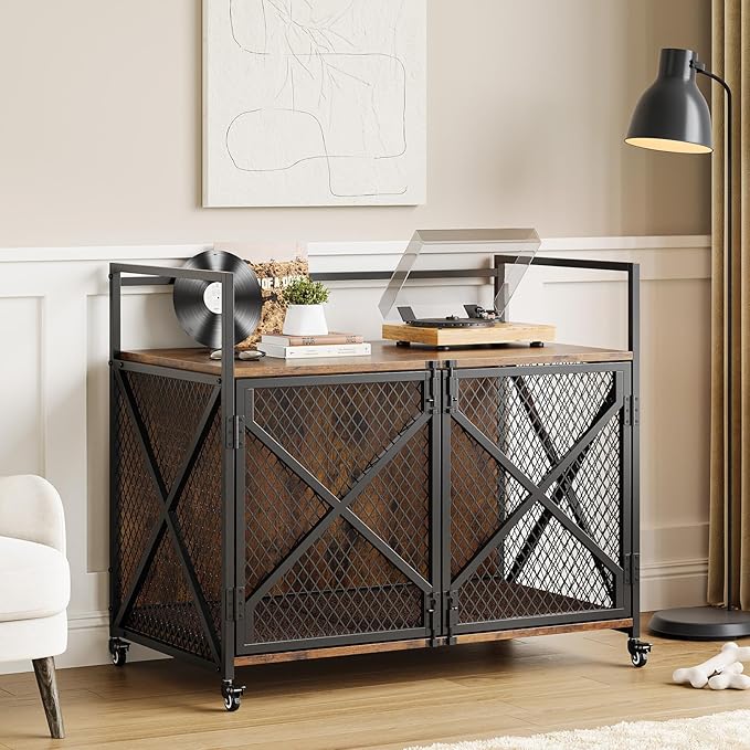 31 Inch Dog Crate Furniture, Heavy Duty Decorative Dog Cage with Lockable 360° Wheels, Double Door Dog Kennel End Table for for Small Medium Large Dog, Rustic Brown