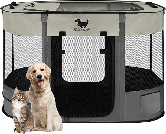 Rest-Eazzzy Dog Playpen, Foldable Kitten Playpen for Medium Dogs, Portable Pet Puppy Playpen with Removable Shade Cover, Indoor Outdoor Travel Camping Use for Small Pets with Carrying Case (L, Grey)