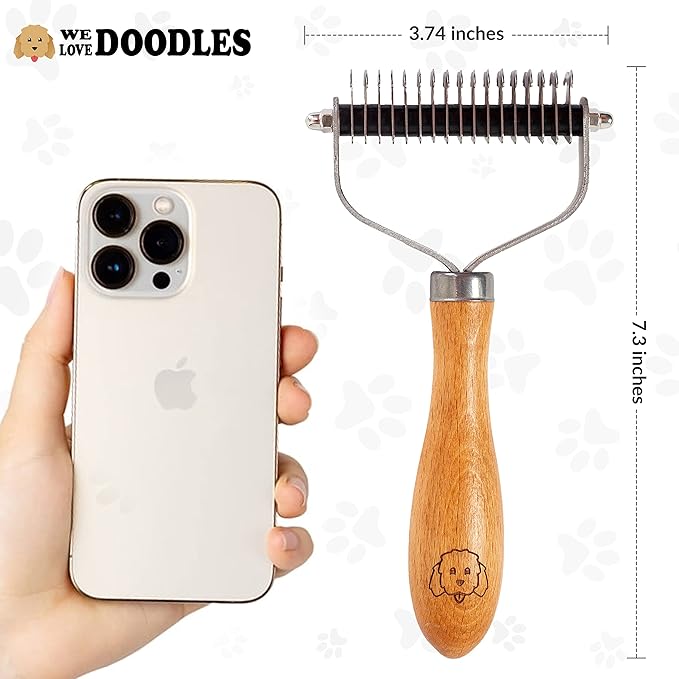 Pet Dematting Comb for Dogs and Cats with Wood Handle, Deshedding Undercoat Rake for Dogs with Stainless Steel Blades, Dog Comb for Detangling Thinning and Shedding, All Hair Types [We Love Doodles]