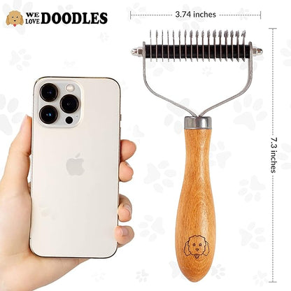 Pet Dematting Comb for Dogs and Cats with Wood Handle, Deshedding Undercoat Rake for Dogs with Stainless Steel Blades, Dog Comb for Detangling Thinning and Shedding, All Hair Types [We Love Doodles]