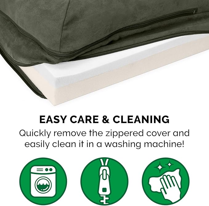 Furhaven Memory Foam Dog Bed for Large Dogs w/ Removable Bolsters & Washable Cover, For Dogs Up to 95 lbs - Two-Tone Plush Faux Fur & Suede L Shaped Chaise - Dark Sage, Jumbo/XL