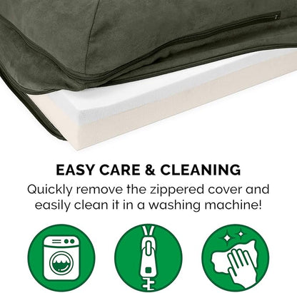 Furhaven Memory Foam Dog Bed for Large Dogs w/ Removable Bolsters & Washable Cover, For Dogs Up to 95 lbs - Two-Tone Plush Faux Fur & Suede L Shaped Chaise - Dark Sage, Jumbo/XL