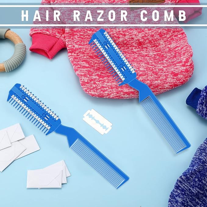 Yinkin 5 Pieces Razor Comb for Dogs Hair Grooming Trimmer for Pet Razor Comb with 25 Extra Blades Manual Dog Hair Trimmer Double Edge for Cats Hair Cutting Tool(Blue)