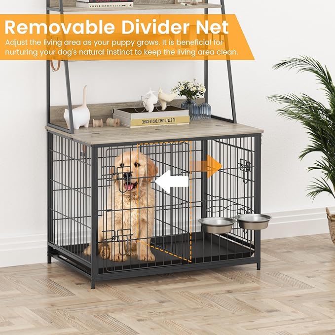 IDEALHOUSE Dog Crate Furniture,Flip-up Top Pet Crate Furniture,Indoor End Table Dog Cage with 3-Layer Storage Shelves,Dog Crates for Medium Dogs,Dog Kennel Furniture with Adjustable Bowls,Grey