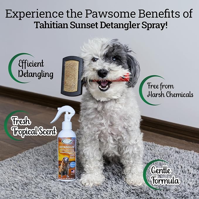 Detangler Spray - Tahitian Sunset Scent - Deodorizing Spray for Dogs and Horses, Leave-In Conditioner, Gently Releases Tangles, Softens Coats, Freshens Scent | Made in the USA | 8oz