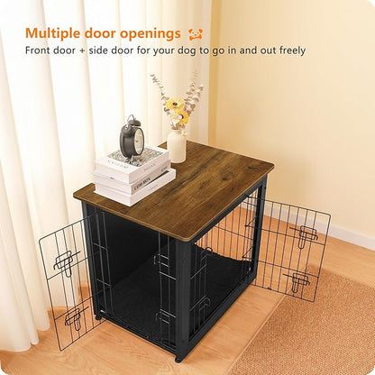 DWANTON Dog Crate Furniture with Cushion, Wooden Kennel Table with Double Doors, Indoor Dog House, Small/Medium/Large Size, 27.2" L, Black+Warm Brown