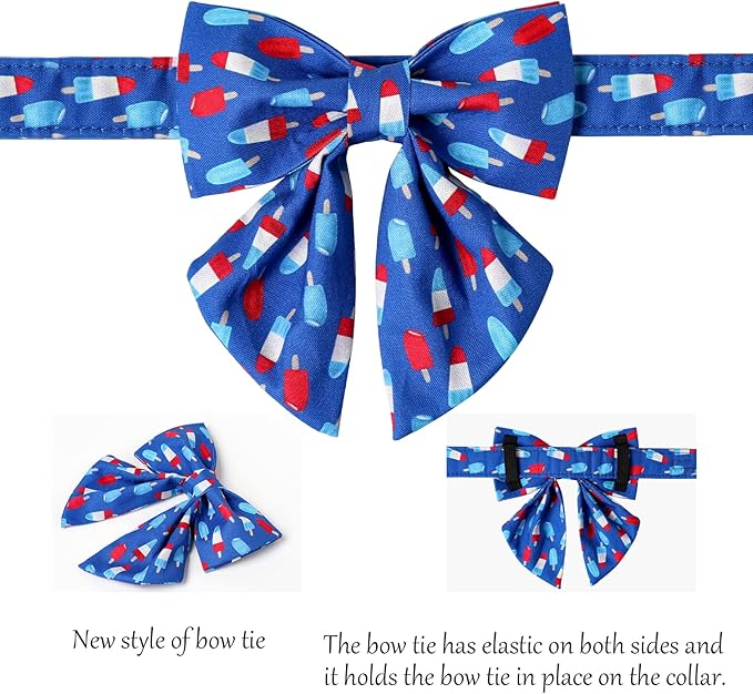 Lionet Paws Patriotic Dog Collar with Sailor Bow, 4th of July, Soft and Comfortable Adjustable Summer Popsicle Collar for Large Dogs, Neck 16-24 inches