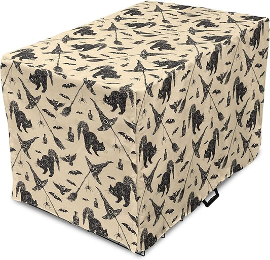 Lunarable Halloween Dog Crate Cover, Sketch Drawn Bat Cat Spider Witch Hat and Broom Pattern, Easy to Use Pet Kennel Cover for Cats & Medium Dogs, 30 Inch, Grey Beige Charcoal